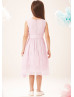 V Neck Pink Chiffon Beaded Tea Length Flower Girl Dress